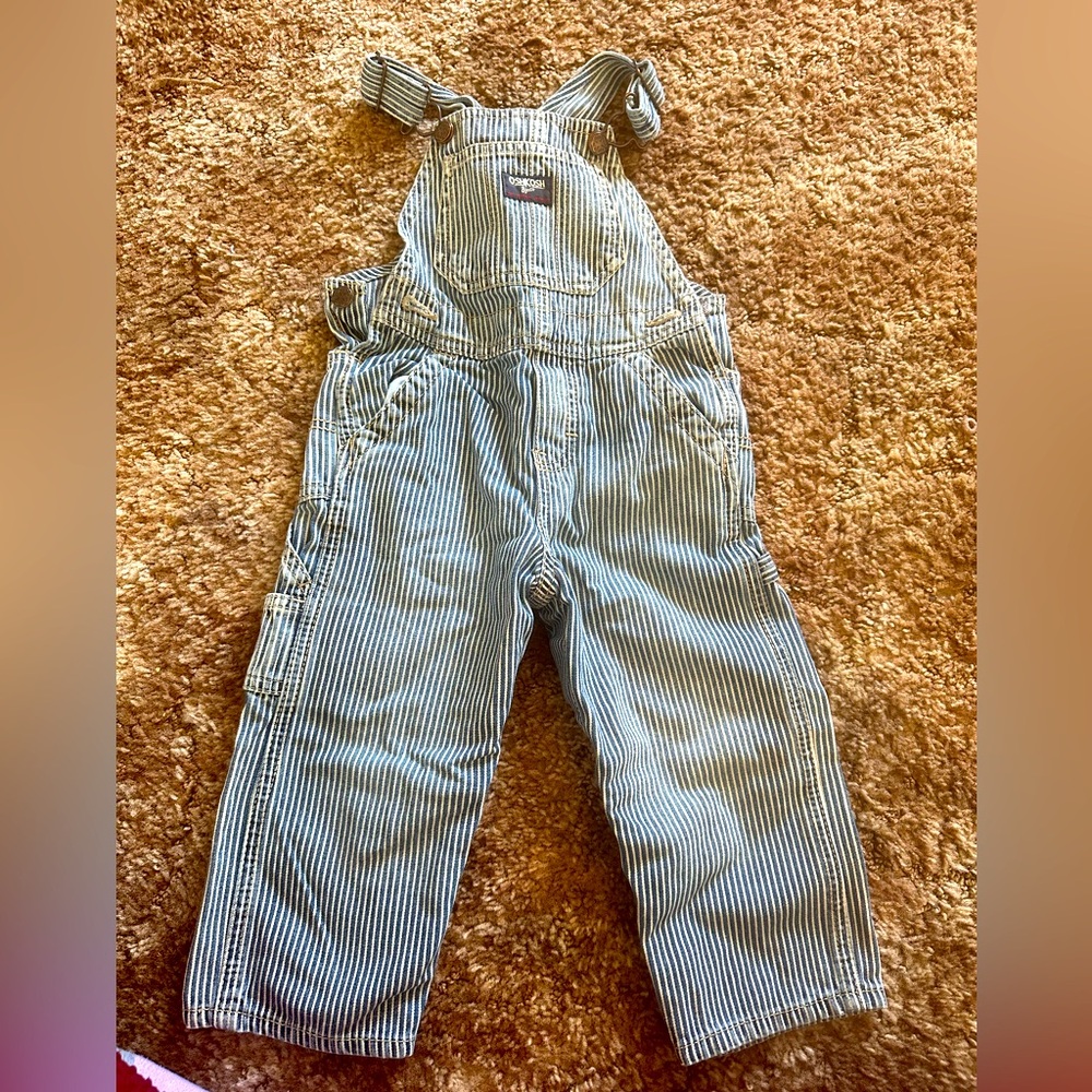 Baby Oshkosh B’Gosh Blue And White Railroad Striped Overalls Size 24 Months